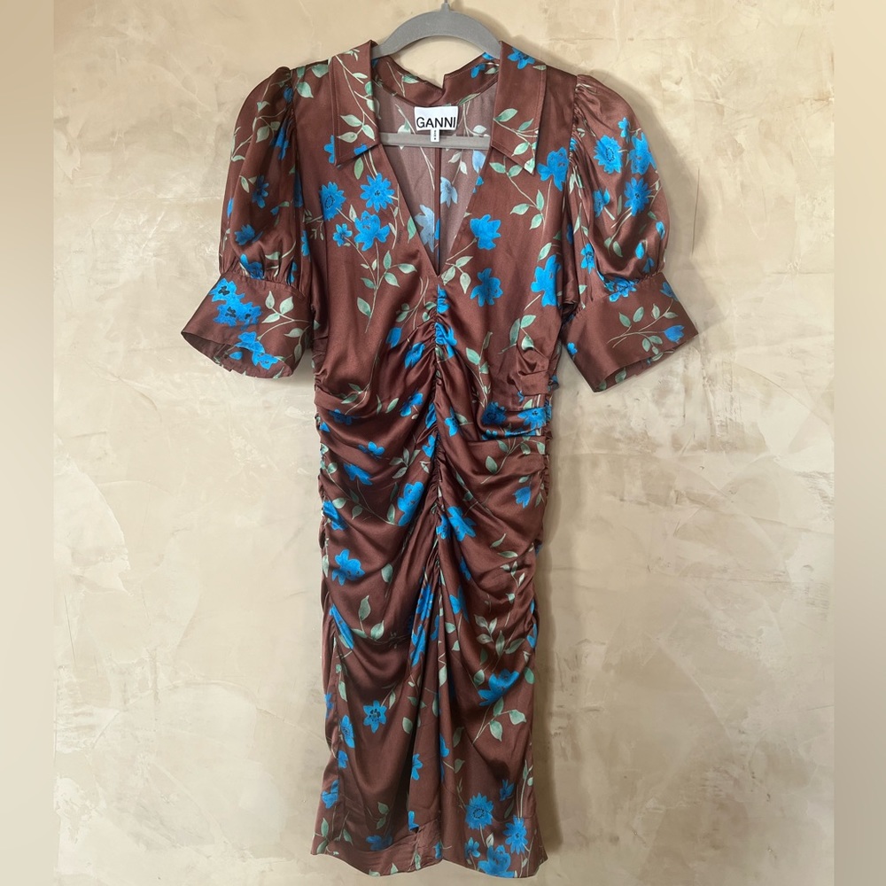 Ganni ruched floral print silk mini.